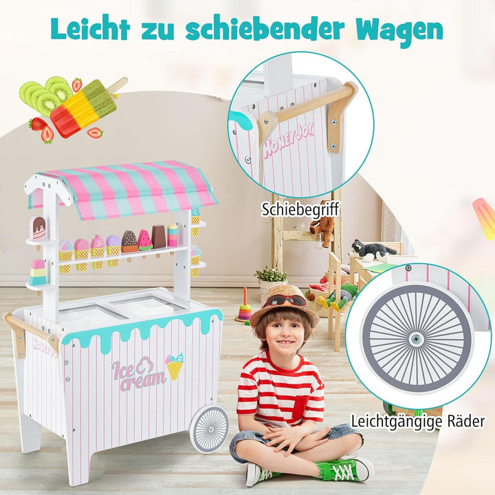 COSTWAY Kinder Eiswagen mit 12 Eiscreme, Kaufladen aus Holz mit 2 Rädern, Schiebegriff & Baldachin,