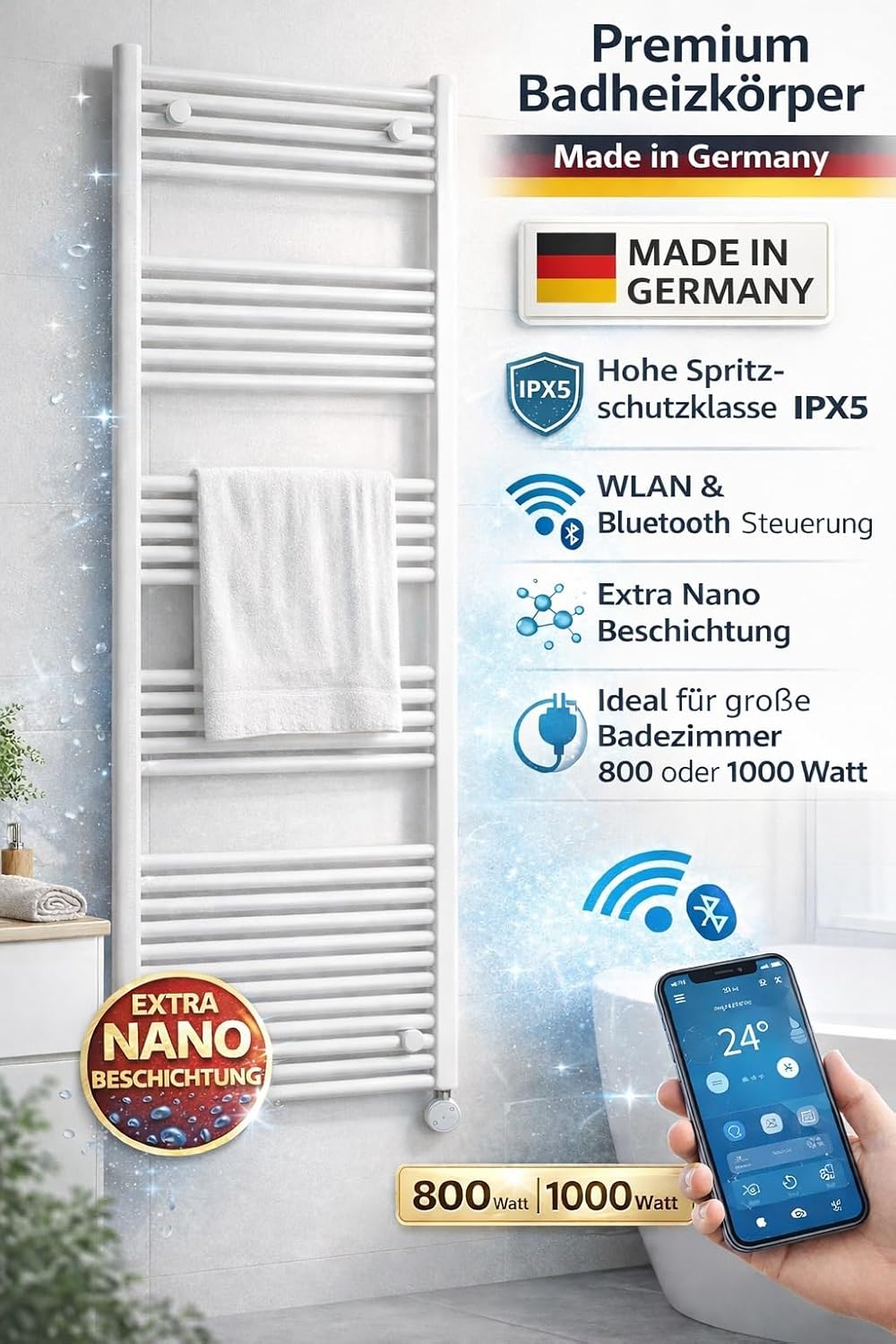 anapont elektrischer Badheizkörper 1775x400 - WiFi APP -weiss gerade - Handtuchheizkörper - Badheizu