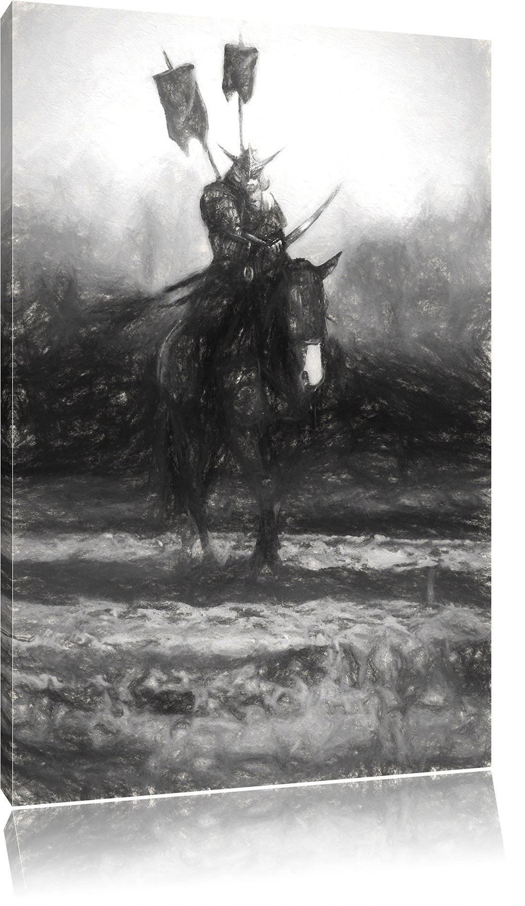 Pixxprint Samurai Krieger auf einem Pferd Kunst Kohle Effekt, Format: 100x70 auf Leinwand, 100x70