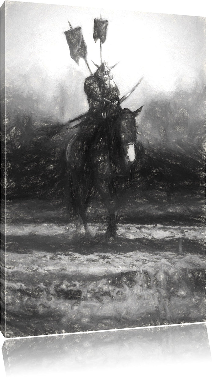 Pixxprint Samurai Krieger auf einem Pferd Kunst Kohle Effekt, Format: 100x70 auf Leinwand, 100x70