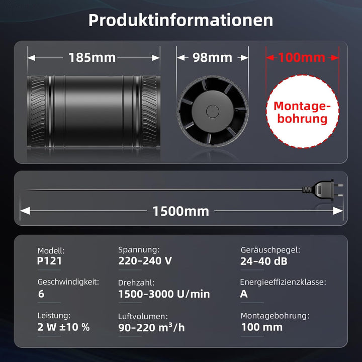 Rohrventilator 100mm – Bidirektionaler Ventilator, 6-Stufen Lüfter, 433MHz Fernbedienung, Inline Abl
