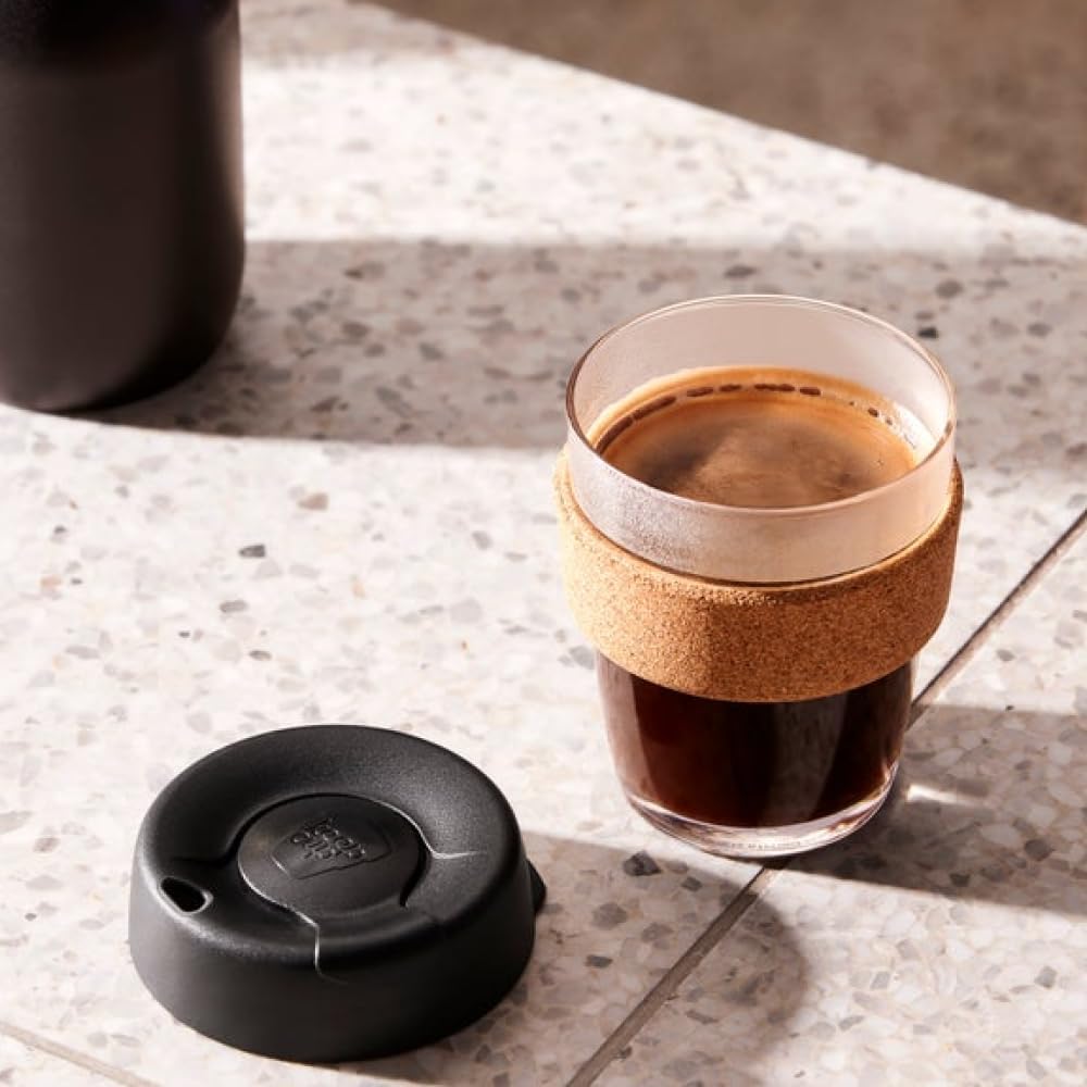 KeepCup Brew Cork, Mehrweg-Glasbecher, spritzwassergeschütz, Medium 12oz 340mls, Schwarz Medium 12oz