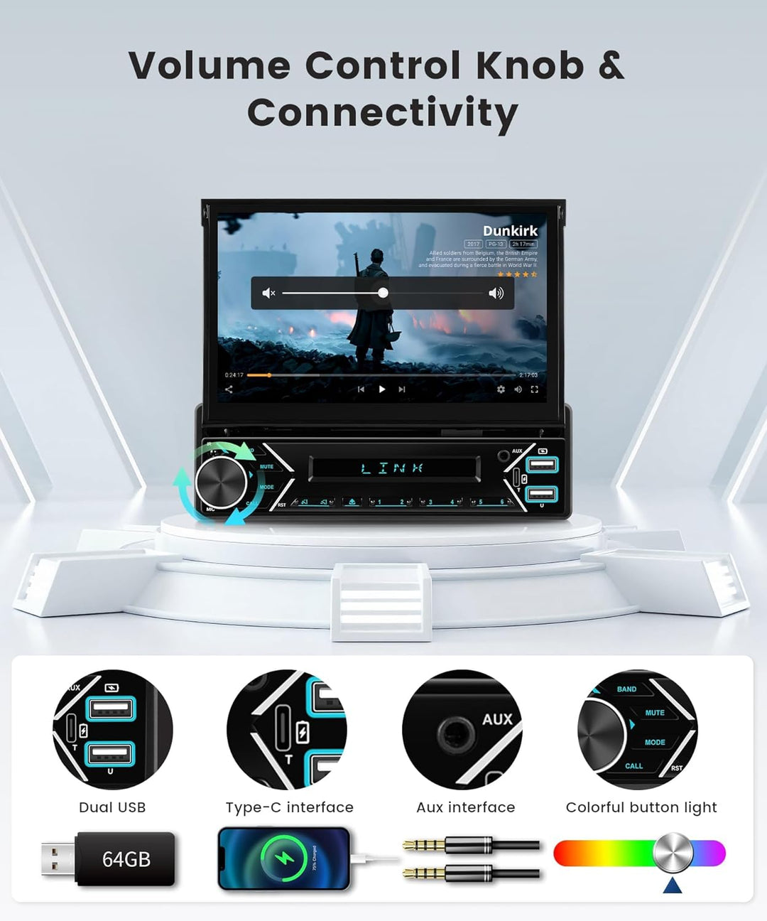 1 DIN DAB+ Autoradio mit 7" automatisch ausfahrbarem Bildschirm, Podofo Wireless CarPlay & Android A