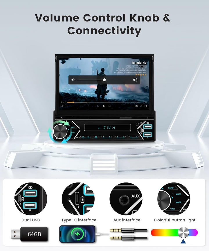 1 DIN DAB+ Autoradio mit 7" automatisch ausfahrbarem Bildschirm, Podofo Wireless CarPlay & Android A