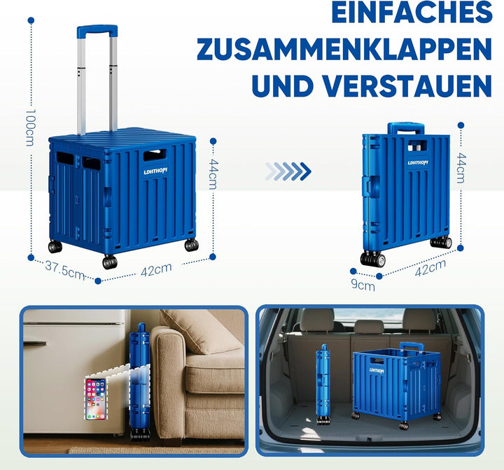 LDHTHOPI Einkaufstrolley klappbar 65L,MAX 50KG Trolley mit Teleskopgriff,4 Zerlegbaren Drehbaren Räd