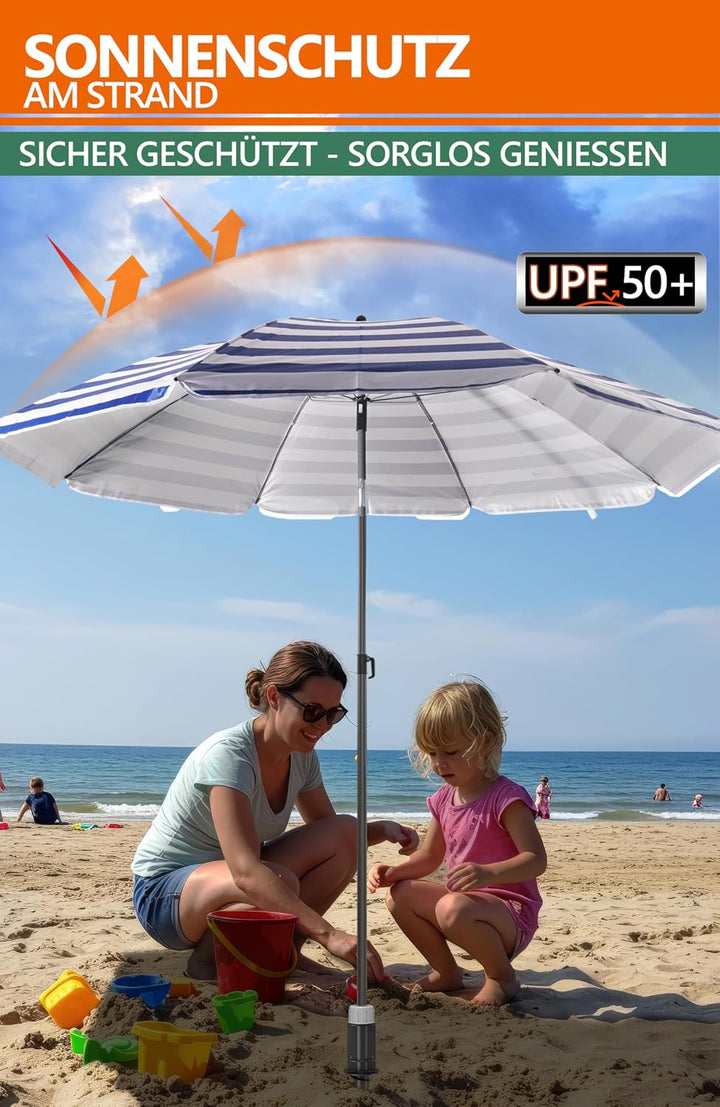 4smile Sonnenschirm Strand SunnyJoy 3-IN-1-SET, Fb. Blau-Weiss - Strandschirm Ø 180 cm + Bodenhülse