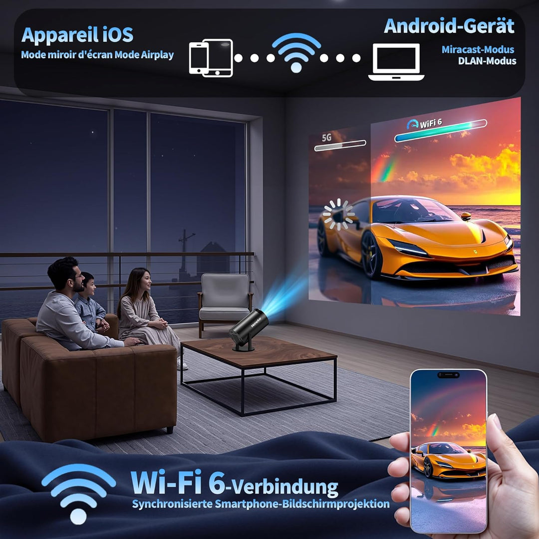 Beamer 4K Projektor Full HD 1080P【2026 Modell】 Mini Beamer mit WiFi 6 und Bluetooth 5.2, Android Tra