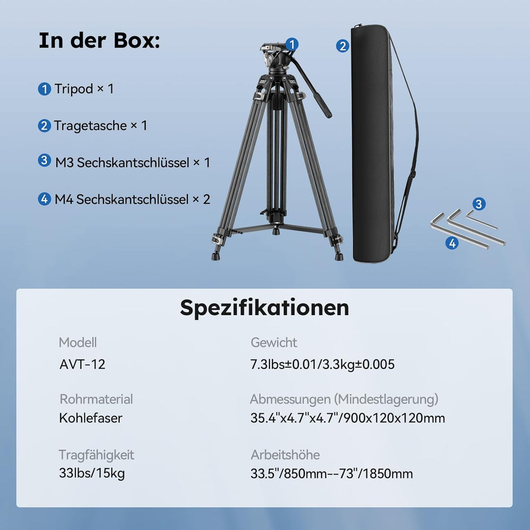 SIRUI AVT-12 Carbon Profi-Videostativ 185cm mit Flüssigkopf, Schnellwechselplatte, 15kg Tragkraft un