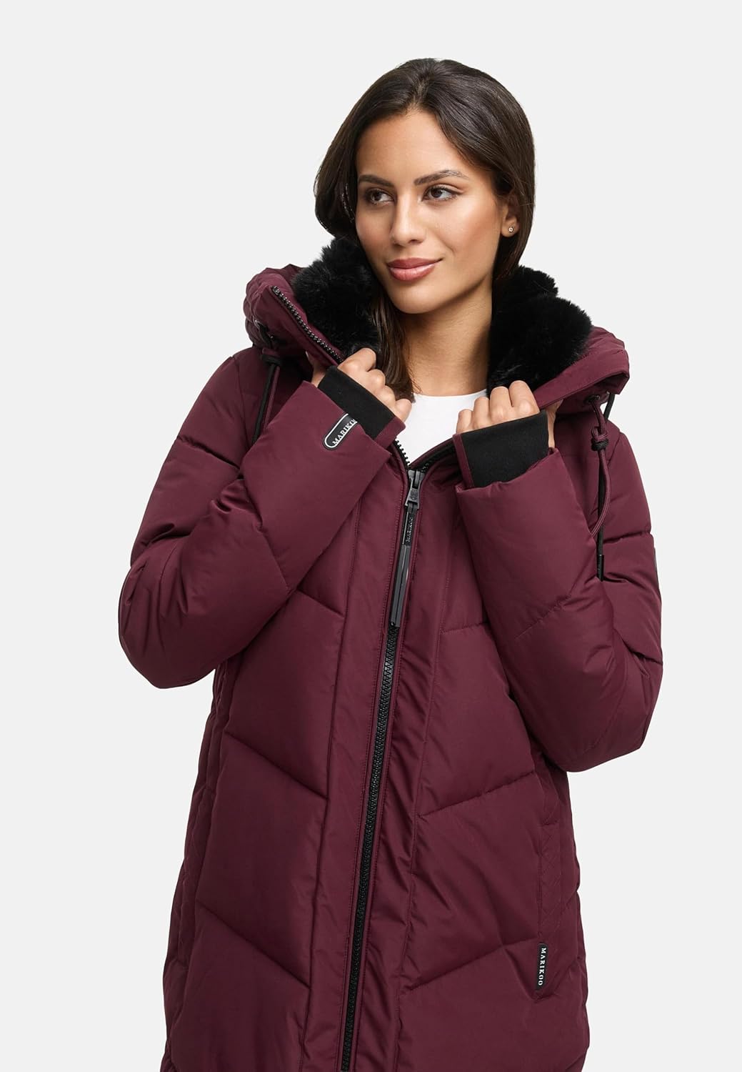 MARIKOO Damen Wintermantel warmer Steppmantel lang mit verstellbarer Kapuze und hohem Kragen Nadaree