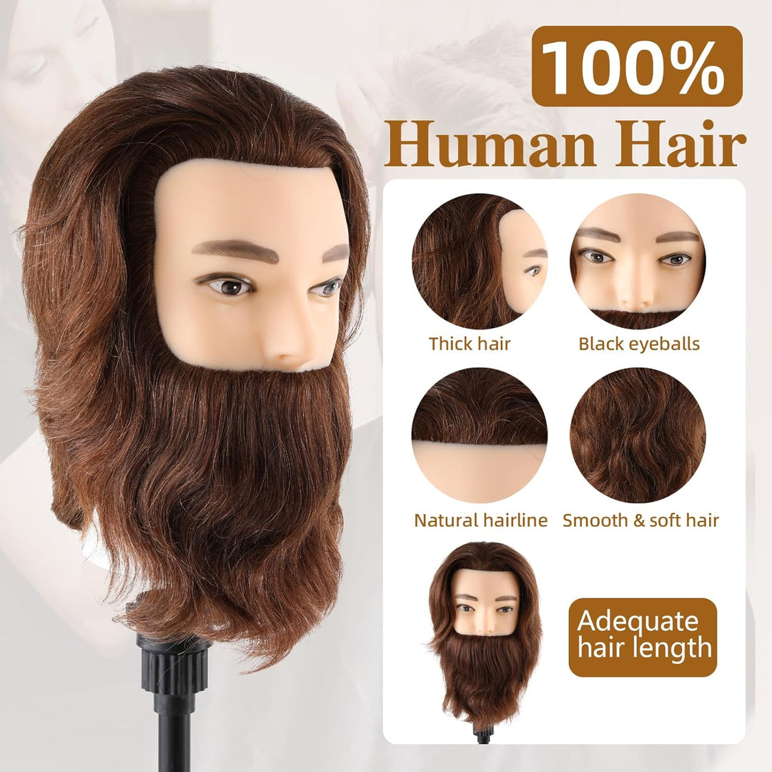 Mann Frisierkopf 100% Echthaar mit Bart Männlich Übungskopf Echthaar Friseur Kopf Puppenkopf Mannequ