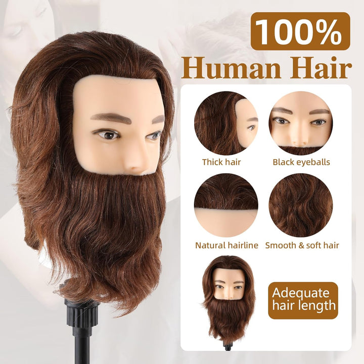 Mann Frisierkopf 100% Echthaar mit Bart Männlich Übungskopf Echthaar Friseur Kopf Puppenkopf Mannequ