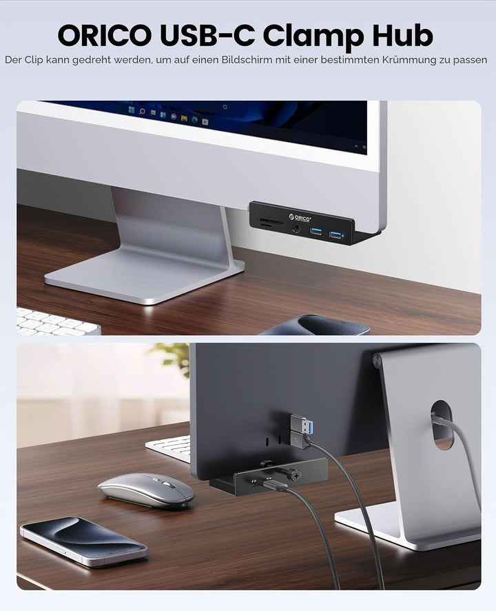 ORICO Clip-Typ USB Hub mit SD/TF Kartenleser, 5 in 1 USB Hub 3.0 mit 2 Typ A 3.0 Ports, 3.5 mm Audio