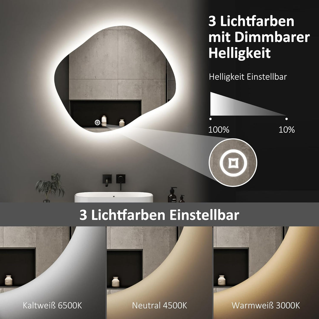 Boromal Asymmetrischer Spiegel mit Beleuchtung, Badspiegel mit Beleuchtung 84x74cm Badezimmerspiegel