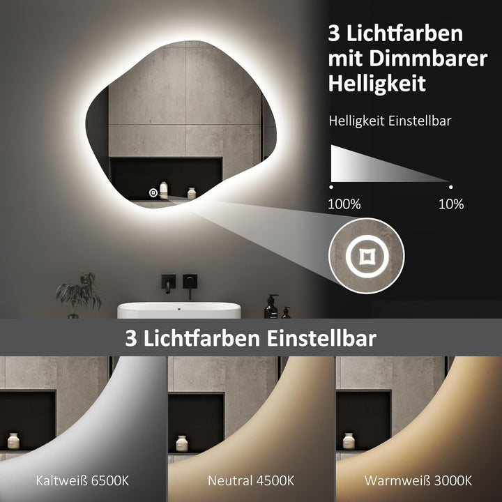 Boromal Asymmetrischer Spiegel mit Beleuchtung, Badspiegel mit Beleuchtung 84x74cm Badezimmerspiegel