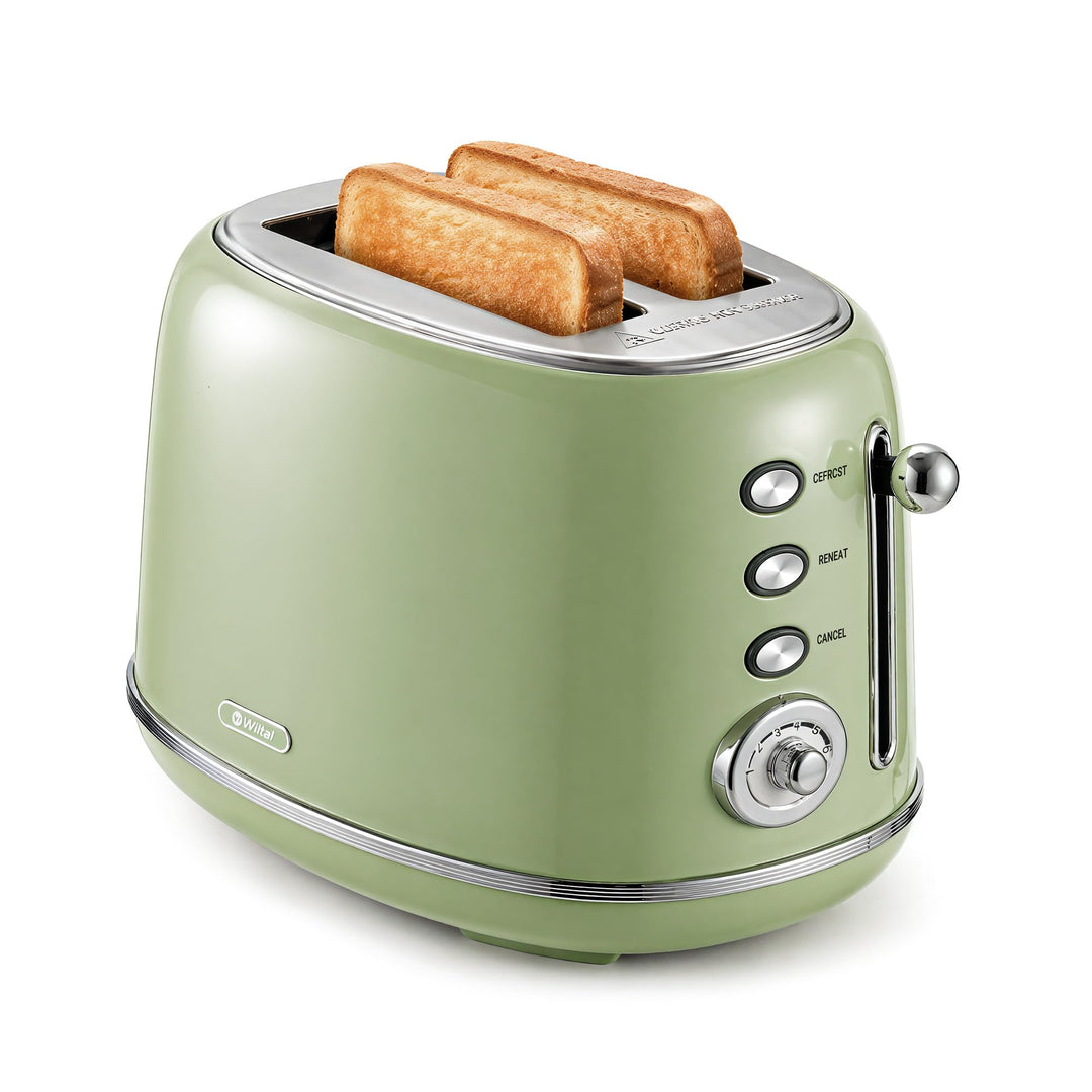 Retro Toaster 2 Scheiben Edelstahl – Brötchenaufsatz, 6 Röststufen, Vorheiz- und Auftaufunktion, Abs