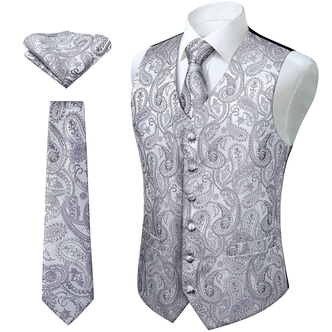 Enlision Herren Paisley Floral Jacquard Weste & Krawatte und Pocket Square Weste Anzug Set M Grau, M