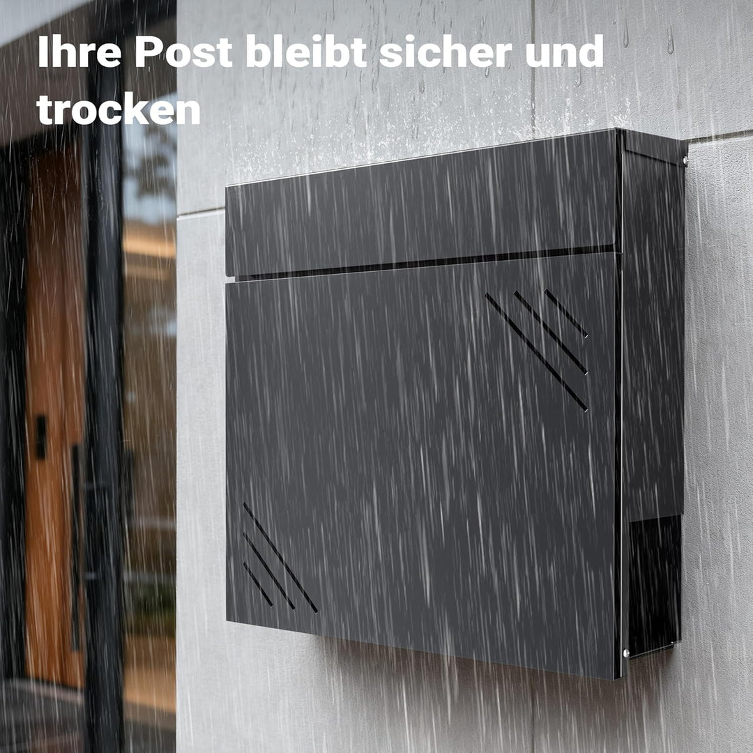 Wiltec Briefkasten Anthrazit V63 aus Stahl 37 x 11 x 37 cm, Wandbriefkasten mit Zeitungsfach und Sch