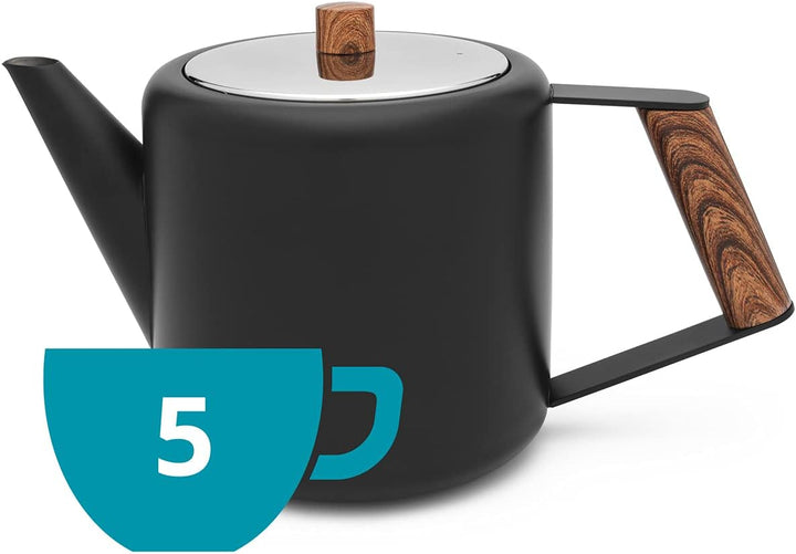 Bredemeijer Schwarze doppelwandige Edelstahl Teekanne 1.1. L &amp; Holzgriff 1.1 Schwarz, 1.1 Schwarz