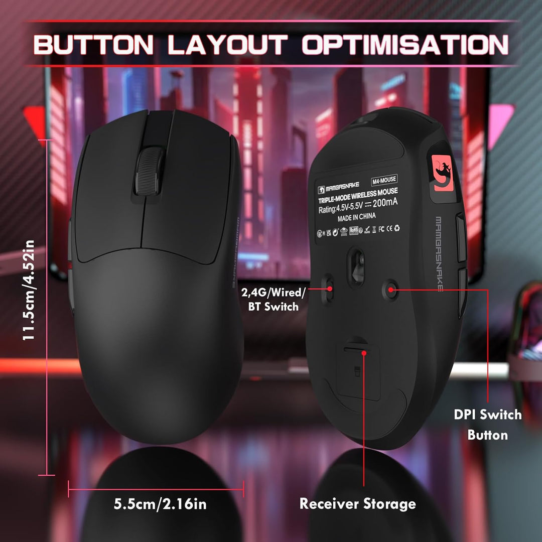 MAMBASNAKE M4 Ultra-Leichte Kabellose Gaming-Maus, 53g, PAW3311 Sensor, 24000 DPI, Tri-Mode Bluetoot