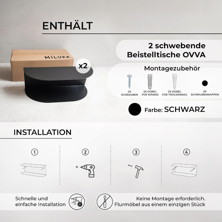 MILUKA Schwebender Nachttisch Hängend 2er Set aus Schwarz Metall 40x20 cm| Nachttisch Schmal mit 2 E
