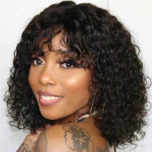FASHION IDOL Bob Curly Echthaar-Perücken mit Pony Jerry Curl Bob Perücken Echthaar brasilianische Vi