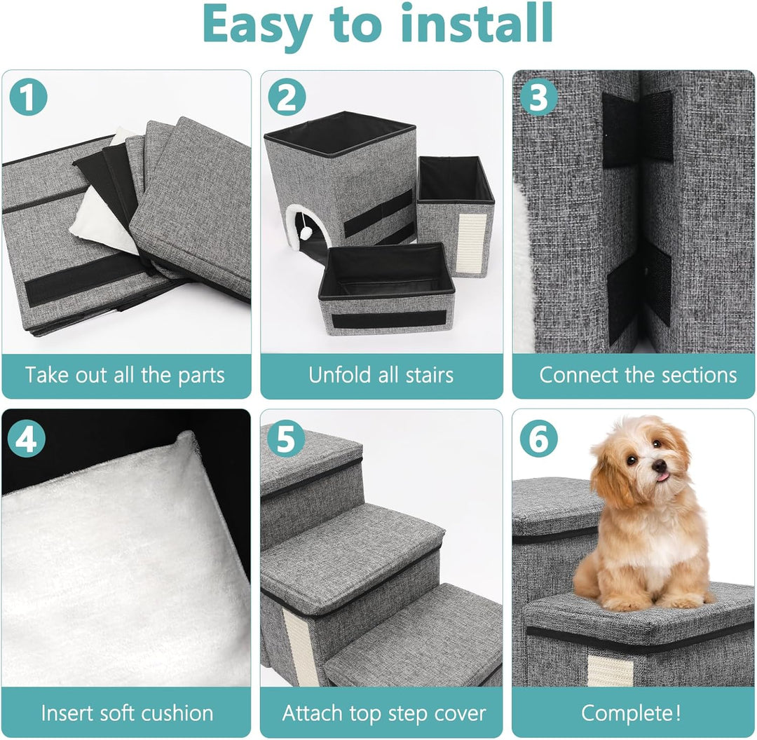 Newthinking Hundetreppe 3 Stufen mit Stauraum, rutschfeste &amp; Faltbare Treppe für kleine Hunde, älter