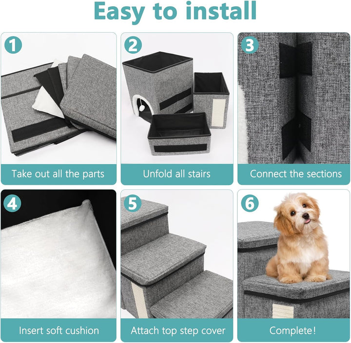 Newthinking Hundetreppe 3 Stufen mit Stauraum, rutschfeste &amp; Faltbare Treppe für kleine Hunde, älter