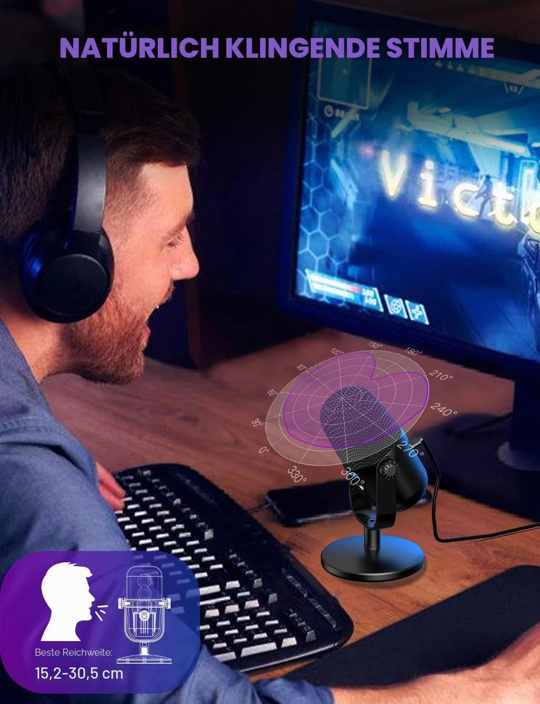 Gaming-Mikrofon mit Geräuschunterdrückung & Stummschalttaste, USB-Kondensatormikrofon für Streaming/