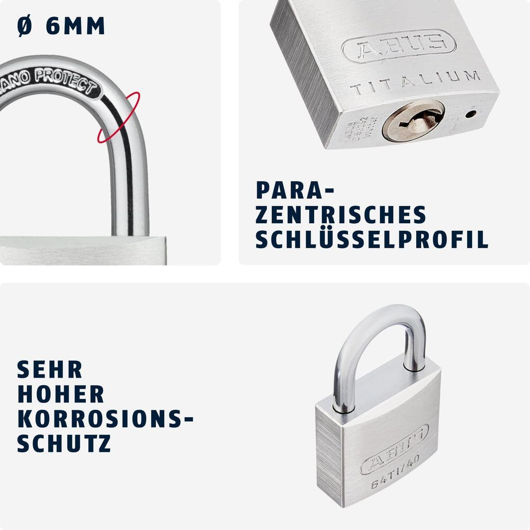 ABUS Vorhängeschloss Titalium 64TI/40 - 4er Set, gleichschliessend - Kellerschloss mit Schlosskörper