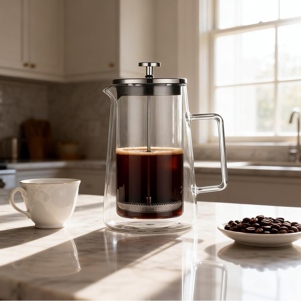 CEWROM French Press Kaffeebereiter, 1000ml Tragbare Doppelwand Glas-Kaffeepresse, Kaffeepresse aus E
