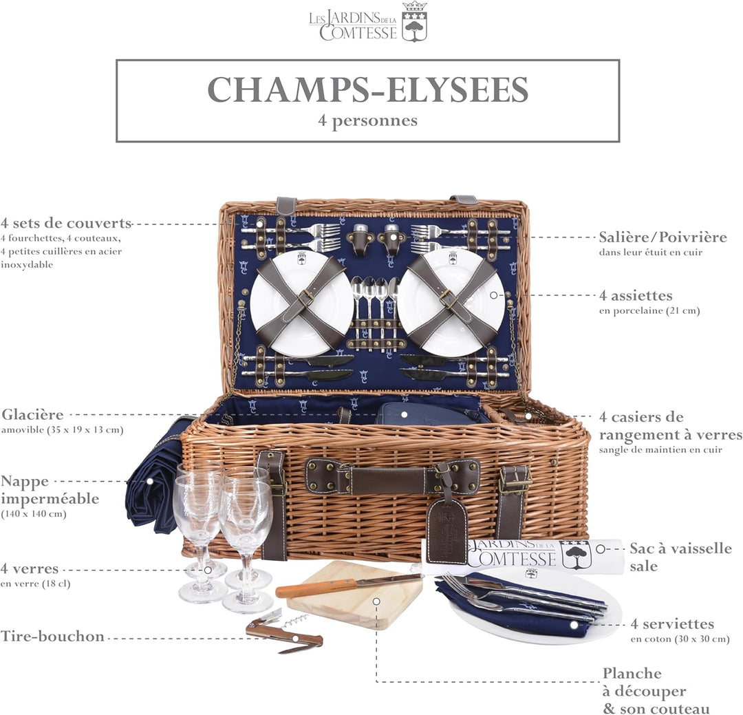 Les Jardins de la Comtesse - Picknick Wicker und Leder Champs-Elysees Blau - Picknickkorb Full / 4 P