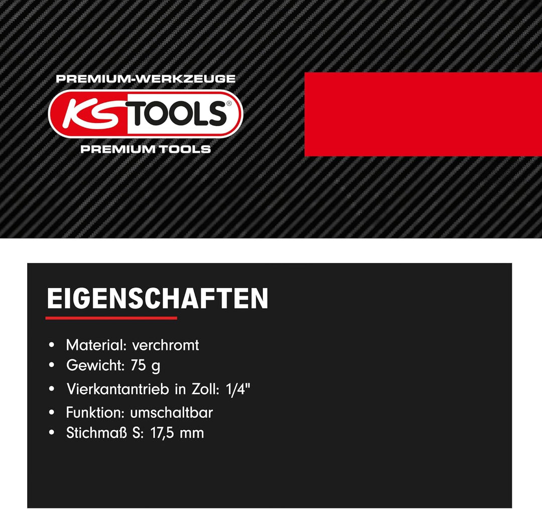 KS Tools Einsteck Umschaltknarre 9 x 12 mm 516.2614 I 1/4 Zoll Ratsche verchromt, feinverzahnt & mit