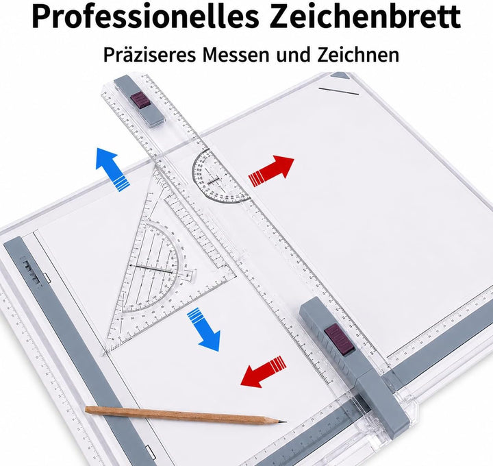 DIN A3 Zeichenbrett A3-Zeichenbrett-Set mit Schiebelineal, inklusive Zeichenwerkzeugen, Zirkel, Zeic