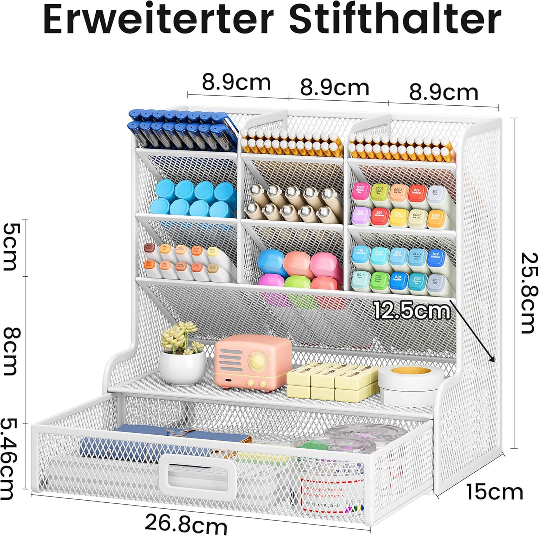 VITVITI Schreibtisch Organizer, 9 Fächer Stiftehalter mit Schublade, Netz Stifte Regal aus Metall, S