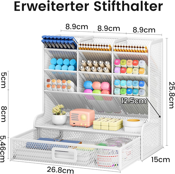 VITVITI Schreibtisch Organizer, 9 Fächer Stiftehalter mit Schublade, Netz Stifte Regal aus Metall, S