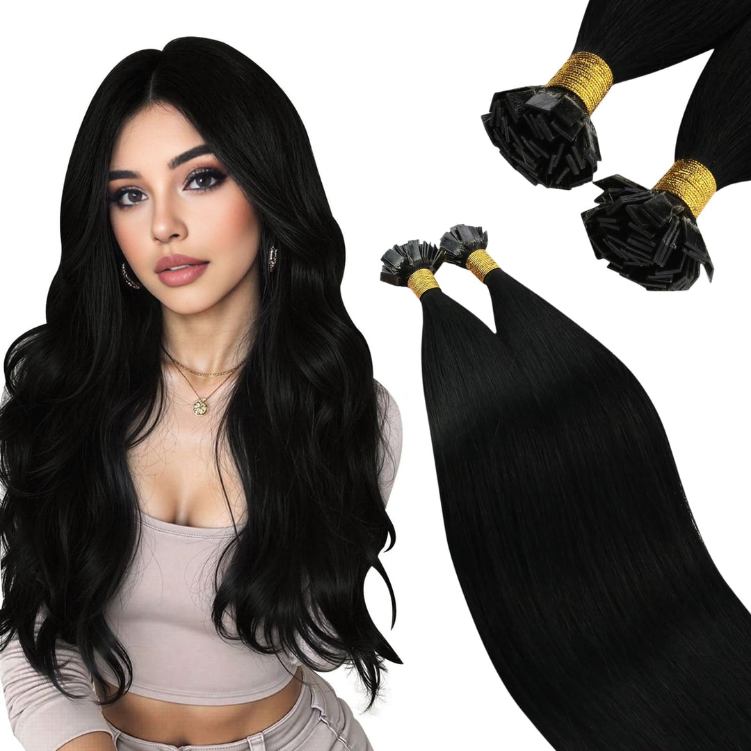 Ugeat 55cm Flat Tip Extensions Echthaar 1g/Strähnen Keratin Bonding Extensions Echthaar Dunkelstes S