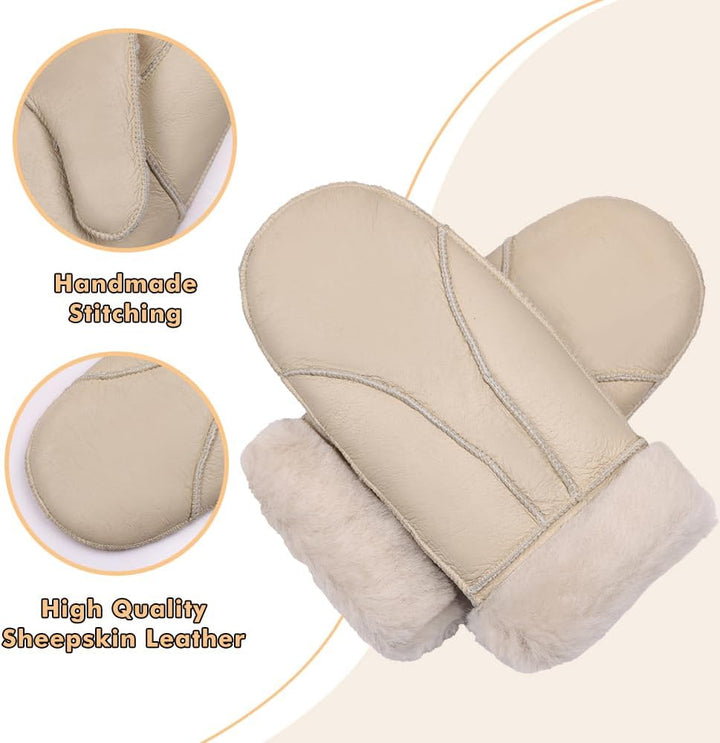 MGGMOKAY Damen Fäustlinge für Winter Damen Lammfell Shearling Fäustlinge Winter Lederhandschuh L Bei