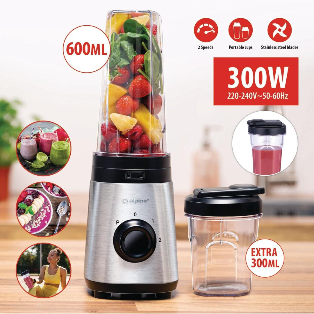 alpina Smoothie Maker Mixer - Smoothie Mixer 300W - Inkl. Smoothie Becher 300ml und 600ml - 2 Geschw