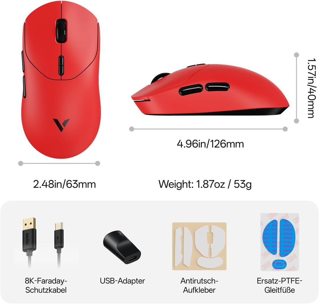 Rapoo VT2 Kabellose Gaming-Maus, 26K DPI Sensor, echte 8000Hz Abfragerate, 53g Ultraleicht, 750 Std.