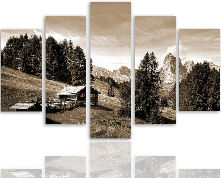 Feeby Bilder Berge 300x140 cm - Leinwandbild 5 Teilig XXL Kunstdruck Hütte Bäume Sepia Leinwandbild