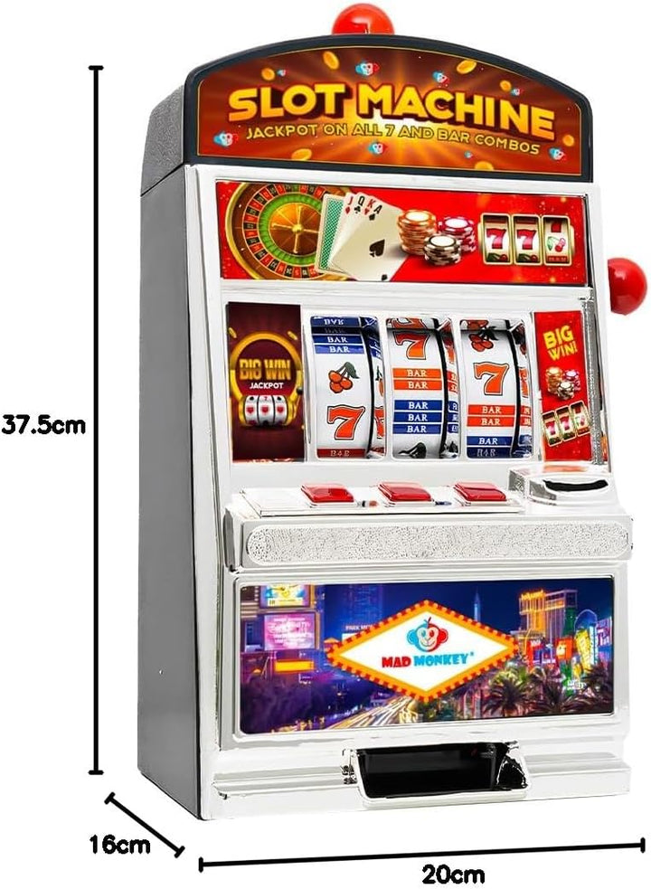 Mad Monkey Slot Machine Spardose XL, Spardose im Spielautomaten-Design mit Licht und Sound, Geldspie