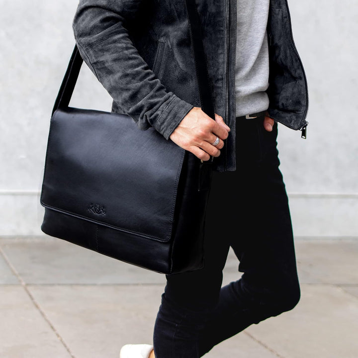 SID & VAIN® Messenger Bag Eton - Unisex Umhängetasche XL gross Ledertasche fit 15.4 Zoll Laptop mit