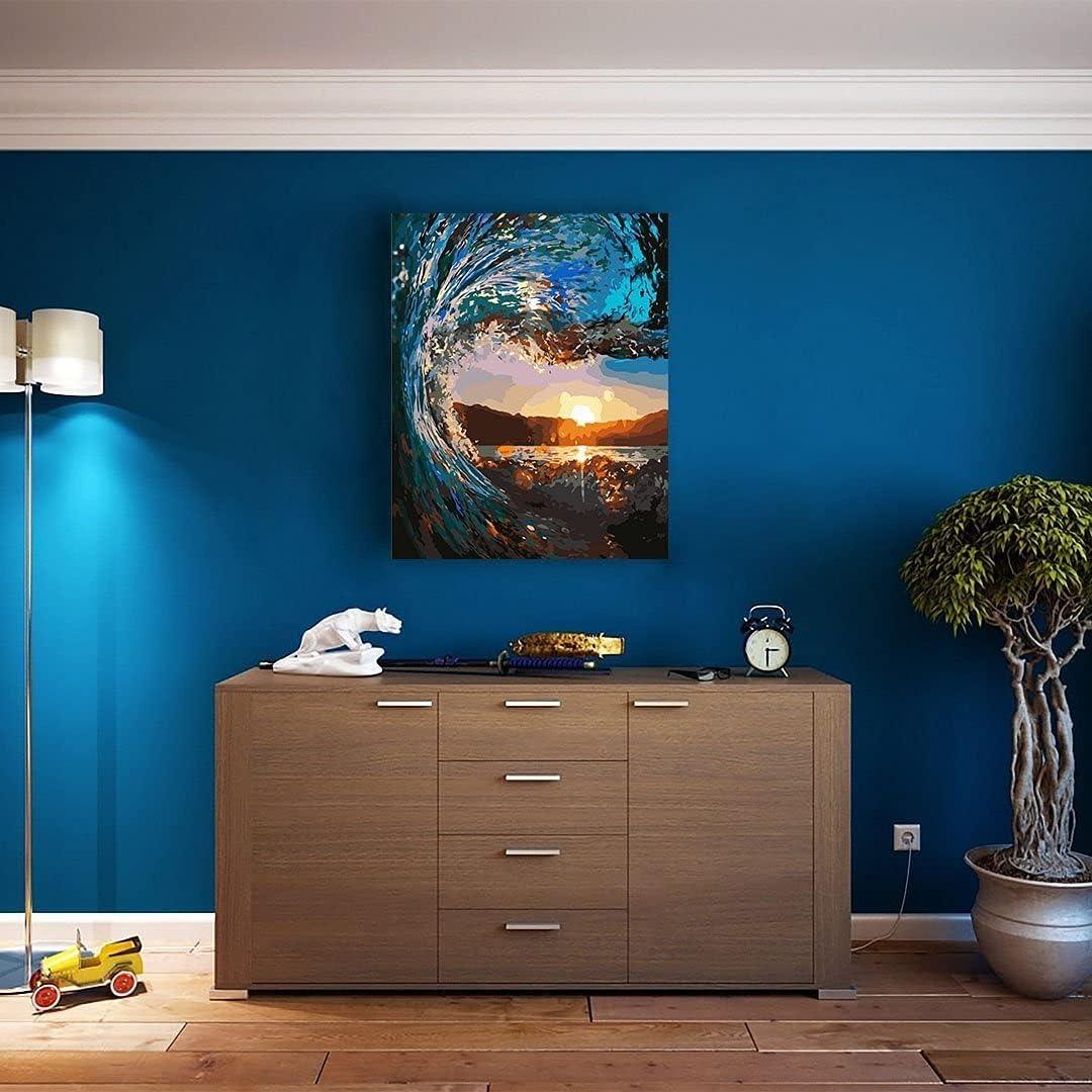 Artnapi Malen nach Zahlen Erwachsene mit Rahmen | DIY Handgemalt | Sonnenuntergang in einer Welle |
