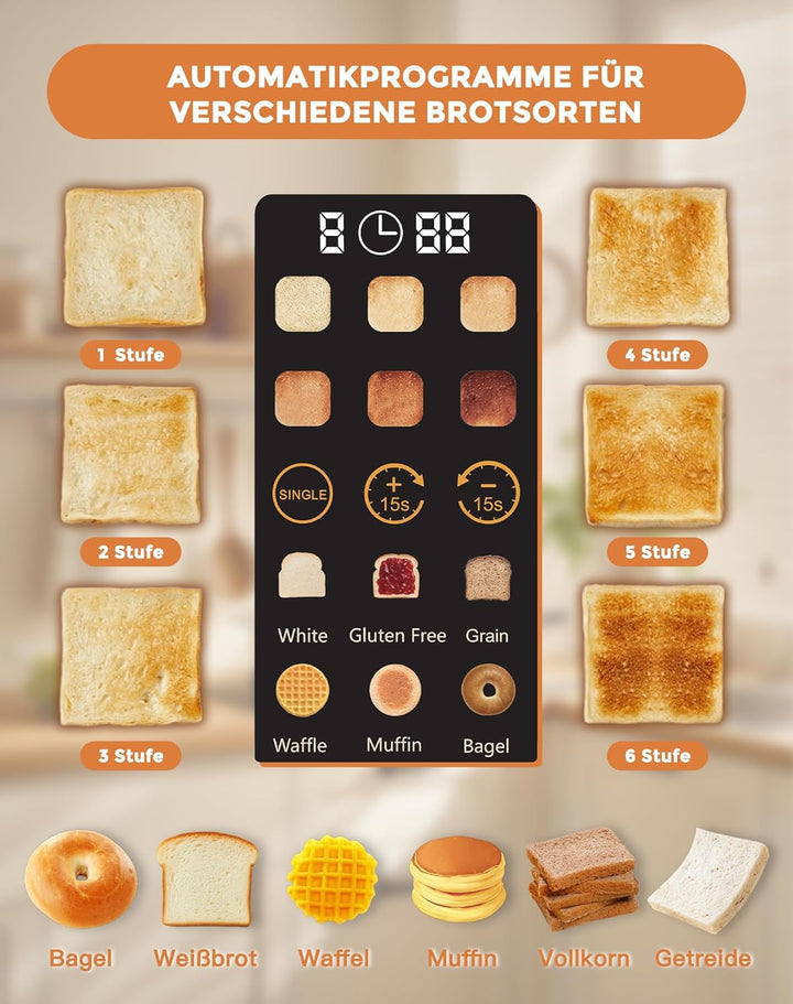 Toaster 4 Scheiben, LED-Touchscreen, Edelstahl Langschlitztoaster, 6 Bräunungsstufen, 6 Brotprogramm