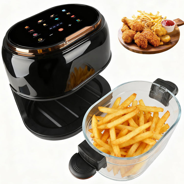 Heissluftfritteuse 5L Airfryer, 9-in-1 mit Glas-Korb &amp; LED-Touchscreen, 24h Timer, Sichtfenster, ges