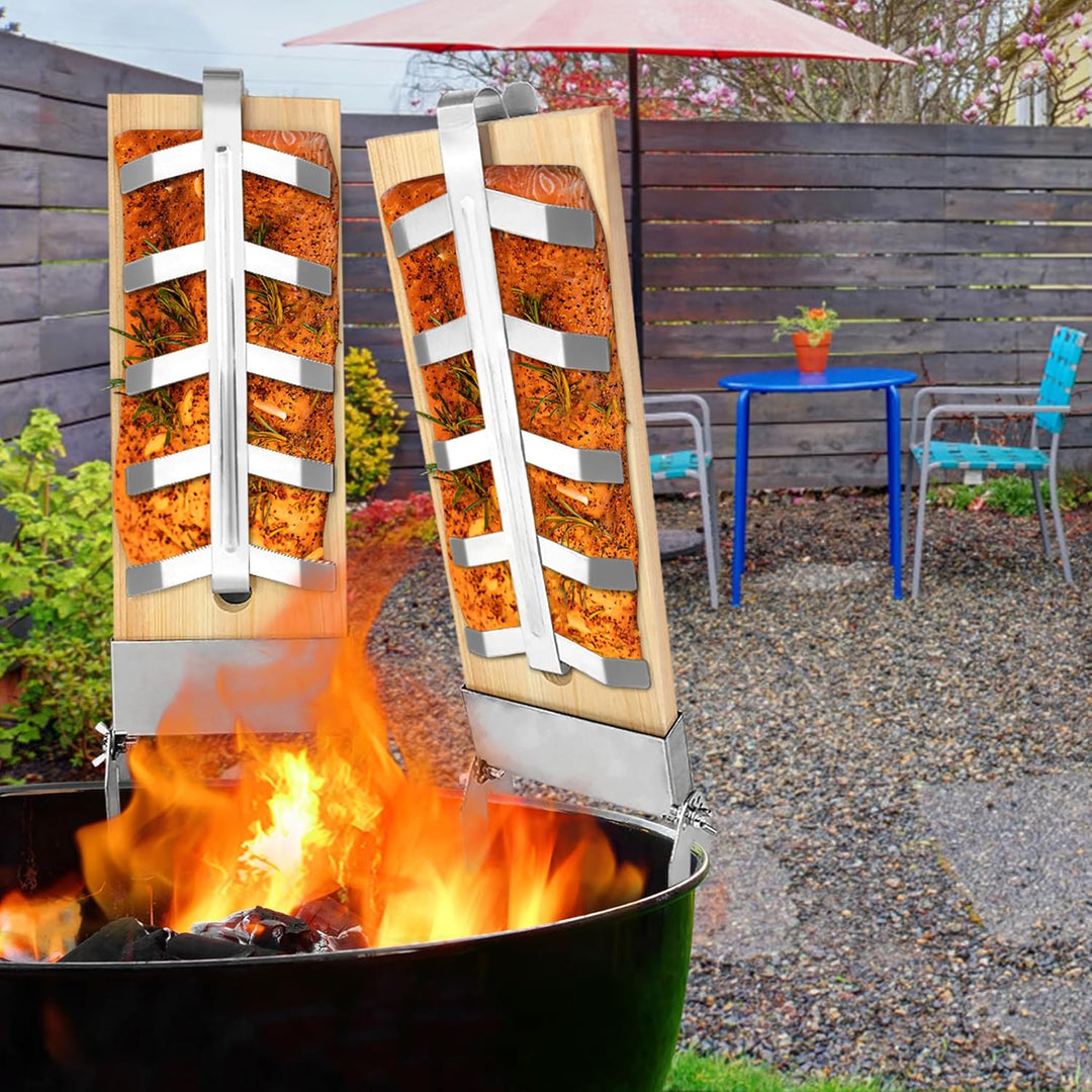 4 Stück Flammlachsbretter mit Edelstahl-Halterung, Lachsbretter Räucherbrett für Lachsfilet, Grillpl