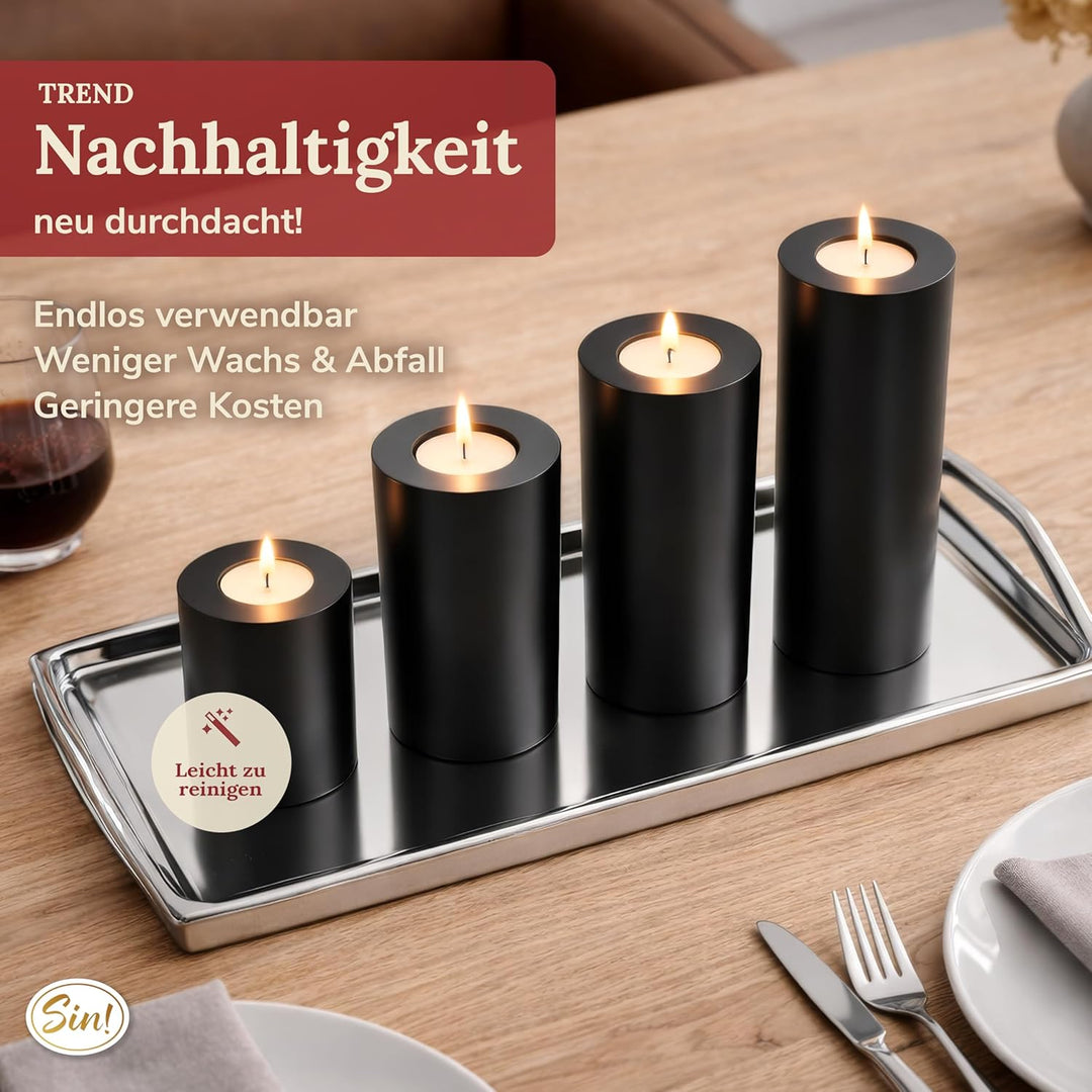 Sin!® 1x Teelichthalter &amp; Dauerkerze Trend SCHWARZ ∅ 8cm Höhe 9cm - Die Kerze die Nicht schmilzt! Ku