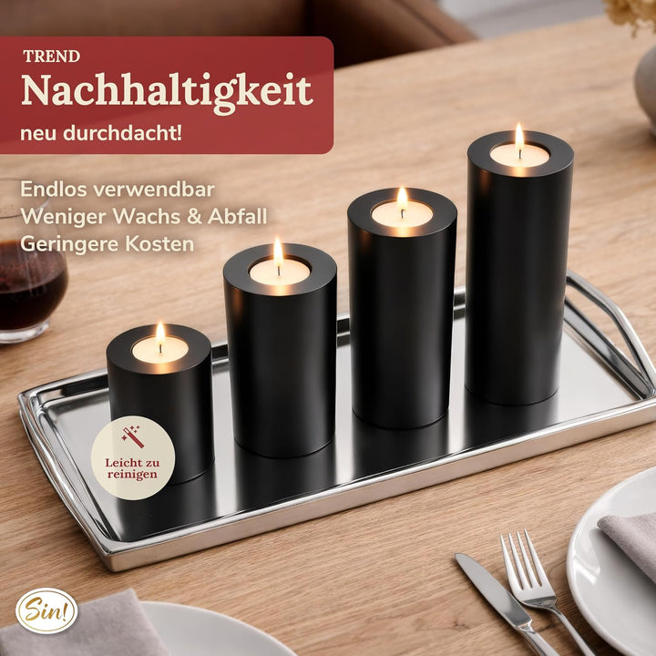 Sin!® 1x Teelichthalter &amp; Dauerkerze Trend SCHWARZ ∅ 8cm Höhe 9cm - Die Kerze die Nicht schmilzt! Ku