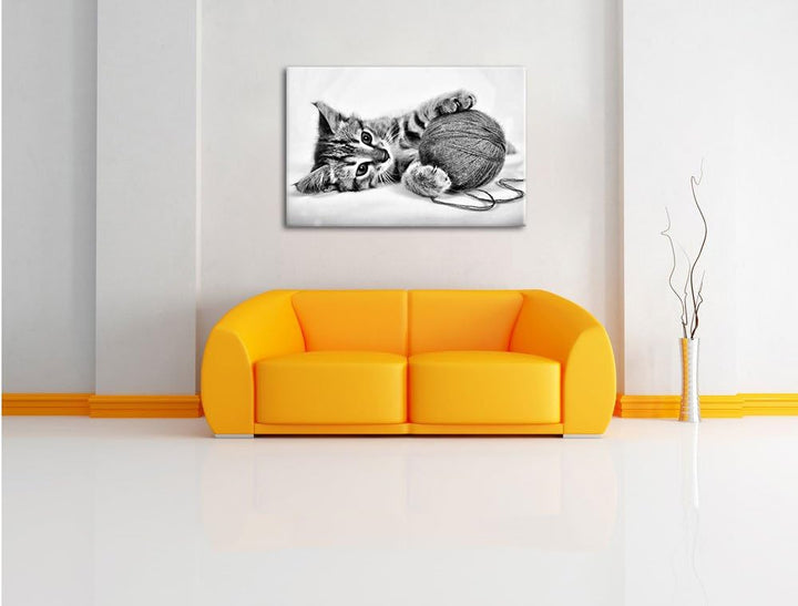 Pixxprint Kätzchen mit Wollknäuel / 100x70cm Leinwandbild bespannt auf Holzrahmen/Wandbild Kunstdruc