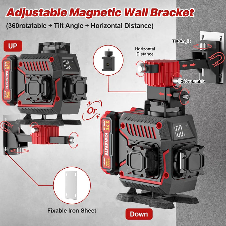 Kreuzlinienlaser mit Stativ, Laser Wasserwaage, 4x360 Grad Laser Level mit 2x4800mAh Batterien & LED